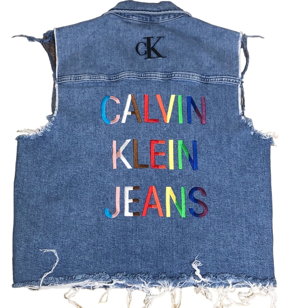 Calvin Klein Blue Denim Embroidered Vest Size XL - Picture 8 of 14